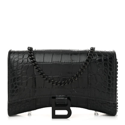 Balenciaga Shiny Calfskin Monochrome Crocodile Embossed Hourglass Chain Bag Black 1 of 13