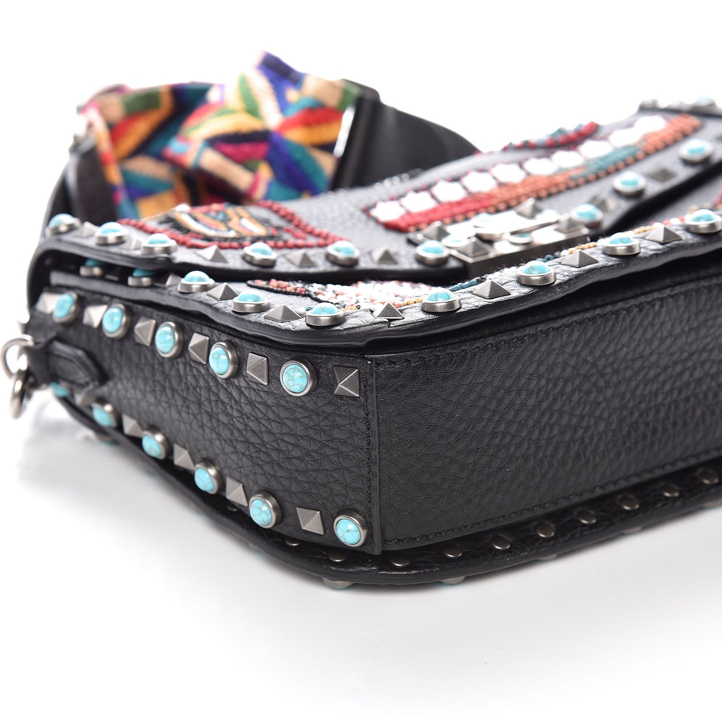 Calfskin Patch Beaded Medium Guitar Strap Rockstud Rolling Flap Saddle Bag Black