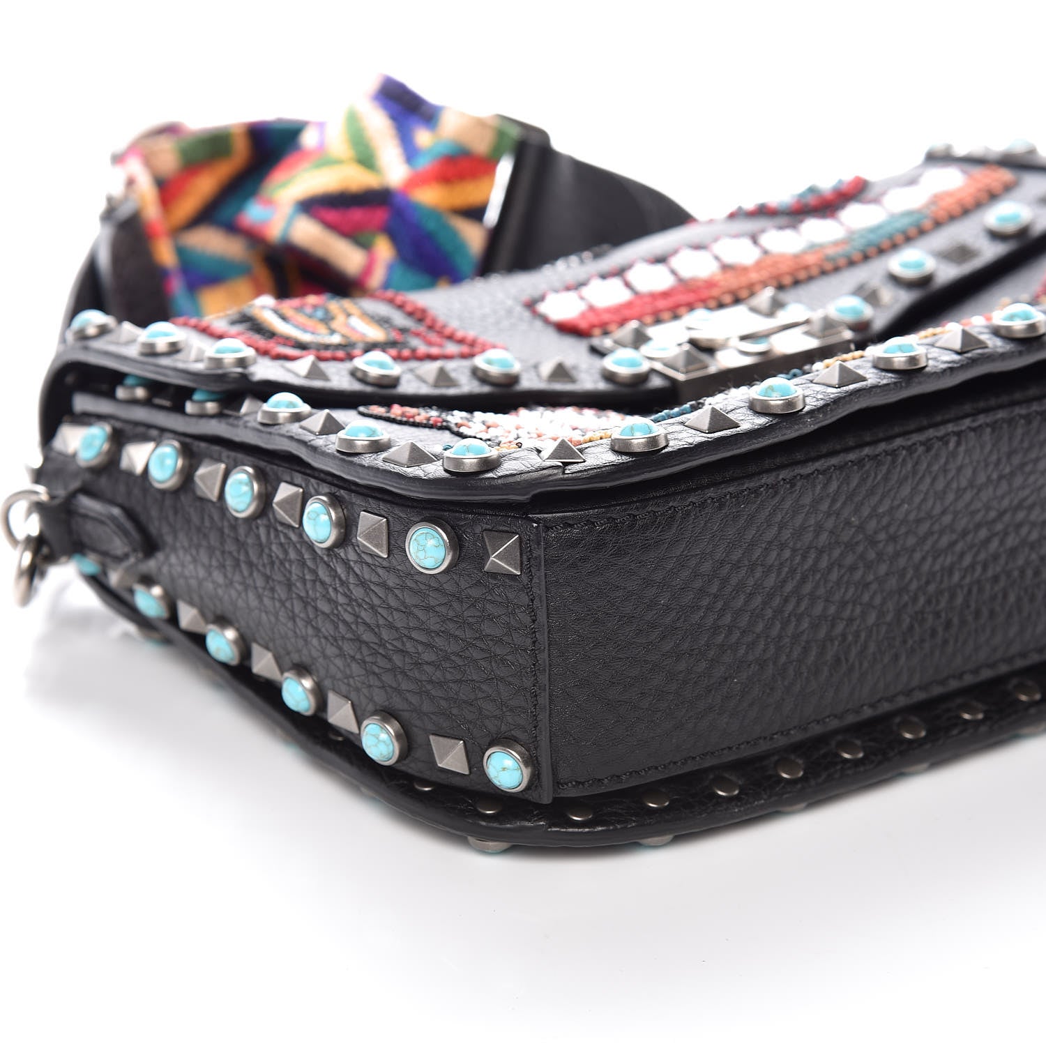 Valentino Garavani Calfskin Patch Beaded Medium Guitar Strap Rockstud Rolling Flap Saddle Bag Black 5 of 8