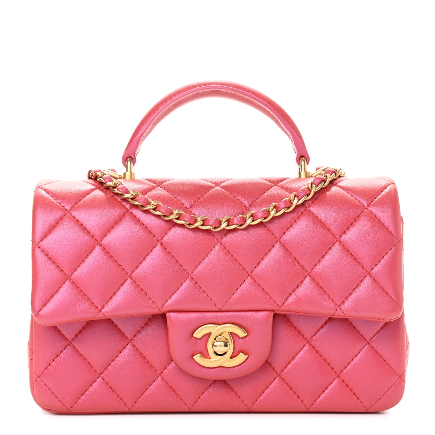 Iridescent Lambskin Quilted Mini Top Handle Rectangular Flap Red