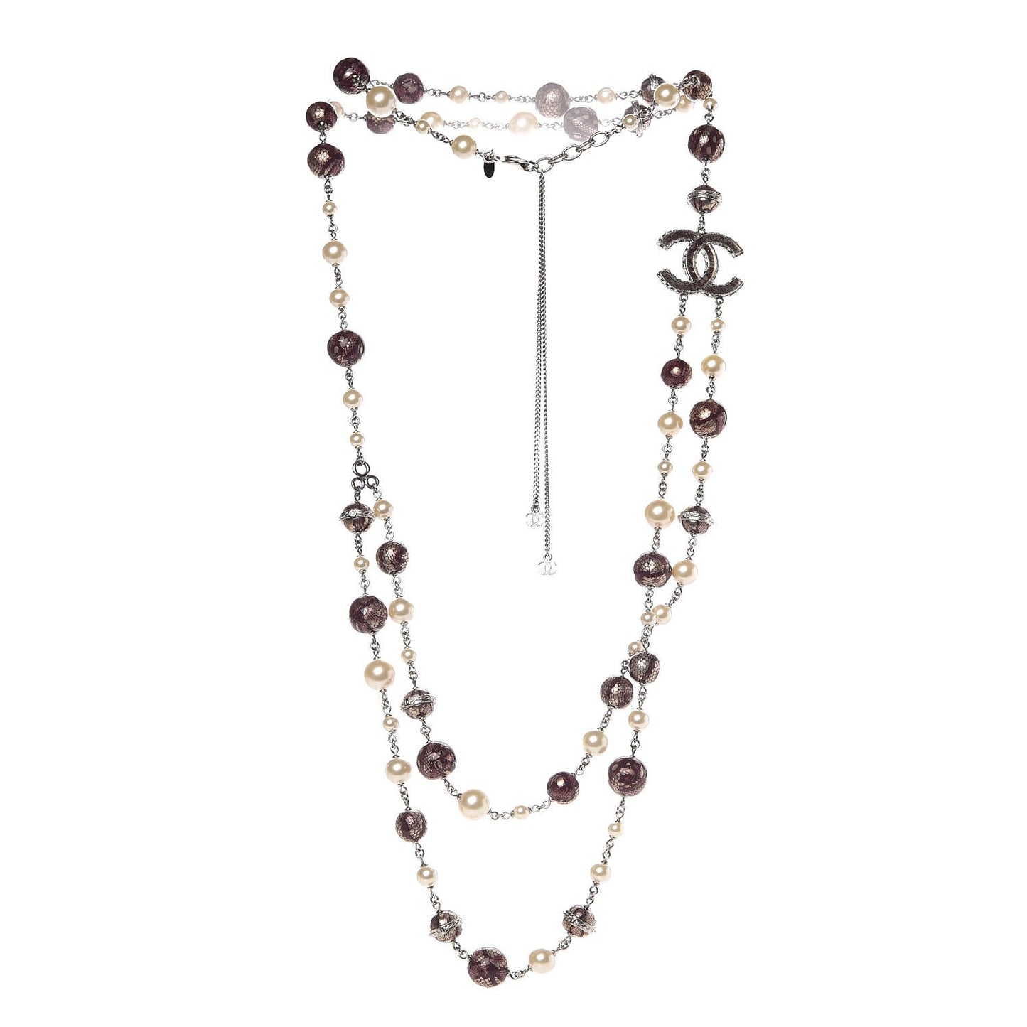 Pearl Bead Lace Print CC Long Necklace Silver Burgundy