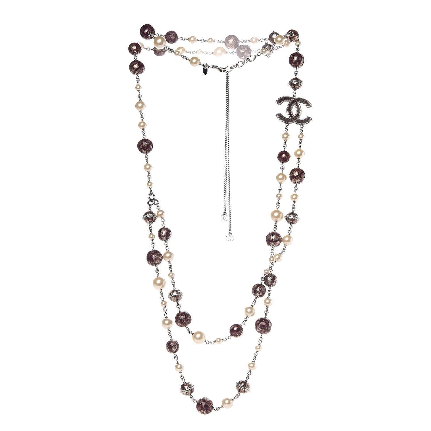Chanel Pearl Bead Lace Print CC Long Necklace Silver Burgundy 3 of 5