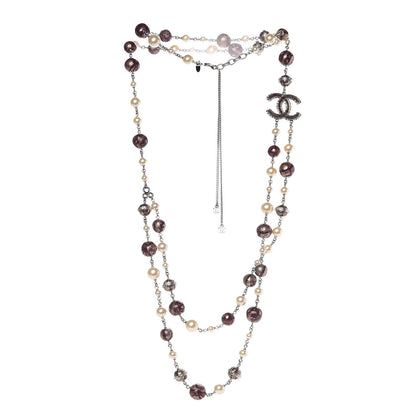 Chanel Pearl Bead Lace Print CC Long Necklace Silver Burgundy 3 of 5