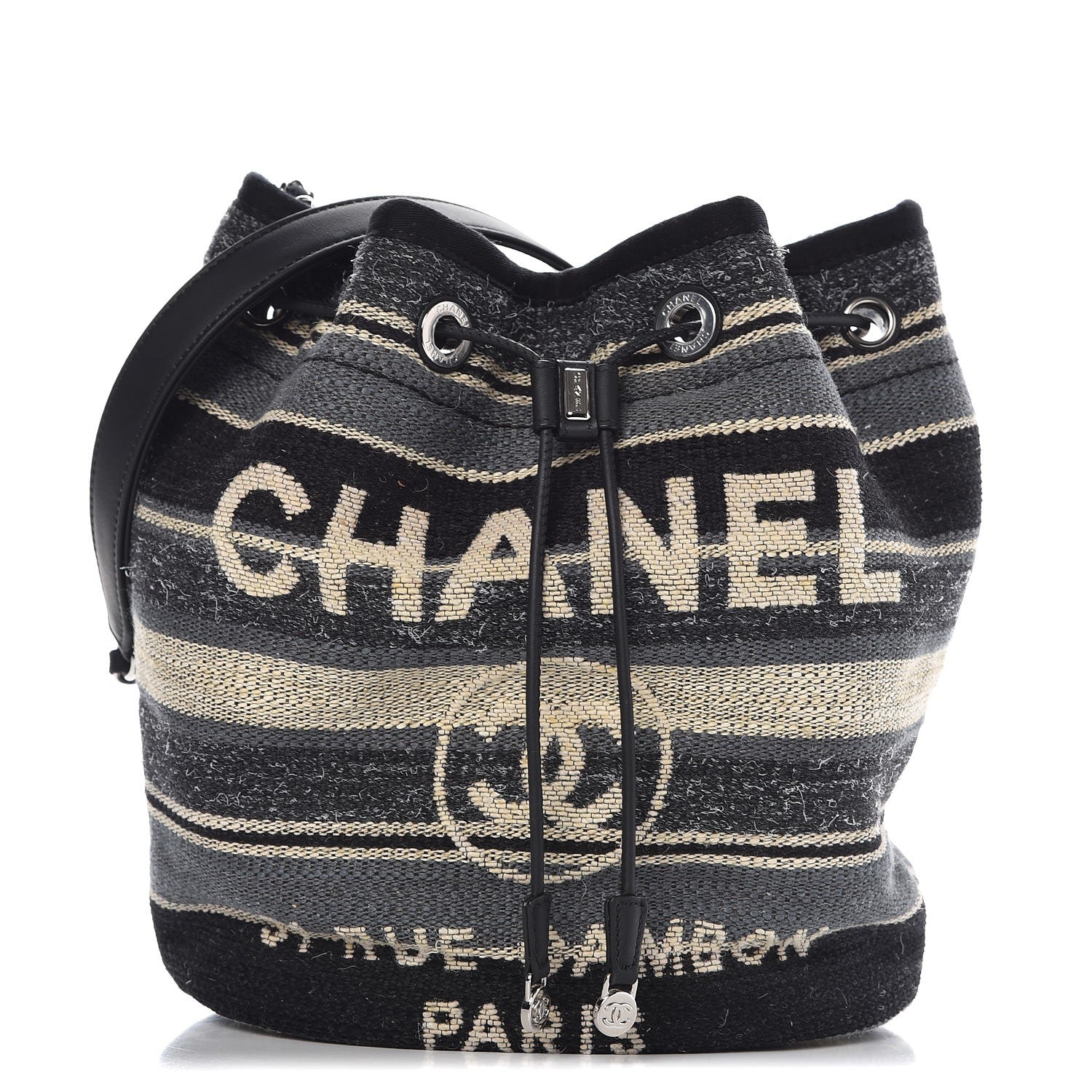 Chanel Striped Canvas Deauville Drawstring Bag Grey Black 1 of 7
