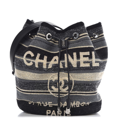 Chanel Striped Canvas Deauville Drawstring Bag Grey Black 1 of 7