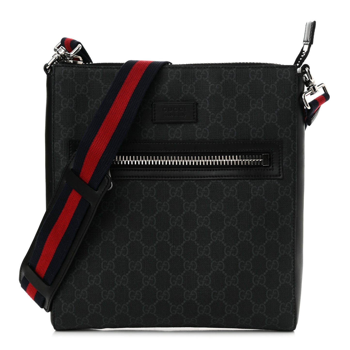 GG Supreme Monogram Appia Calfskin Web Flat Messenger Bag Black Grey