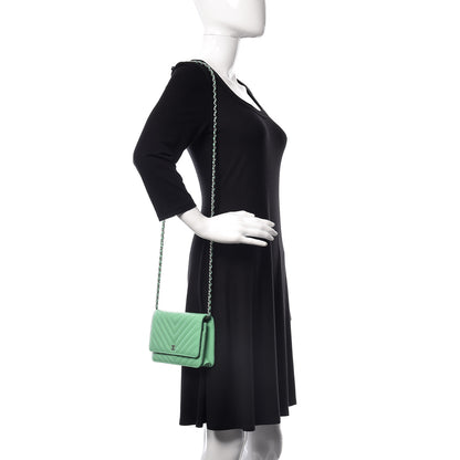 Chanel Caviar Chevron Quilted Wallet On Chain WOC Green 2 of 11