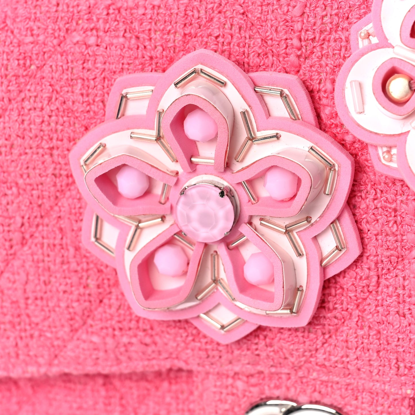 Tweed Crystal Bead Flower Embellished Quilted Medium Double Flap Pink