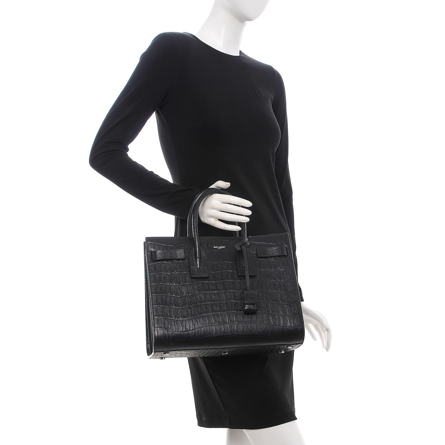 Saint Laurent Calfskin Crocodile Embossed Small Sac de Jour Black 3 of 11