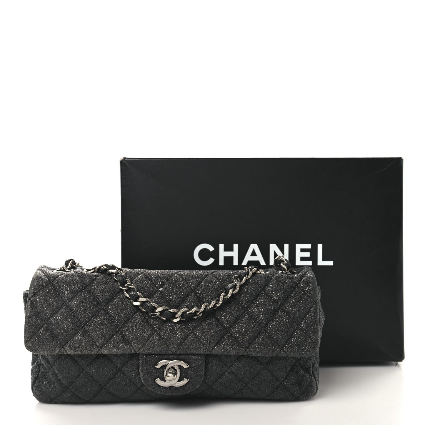 Metallic Crackled Calfskin Quilted East West Flap Navy