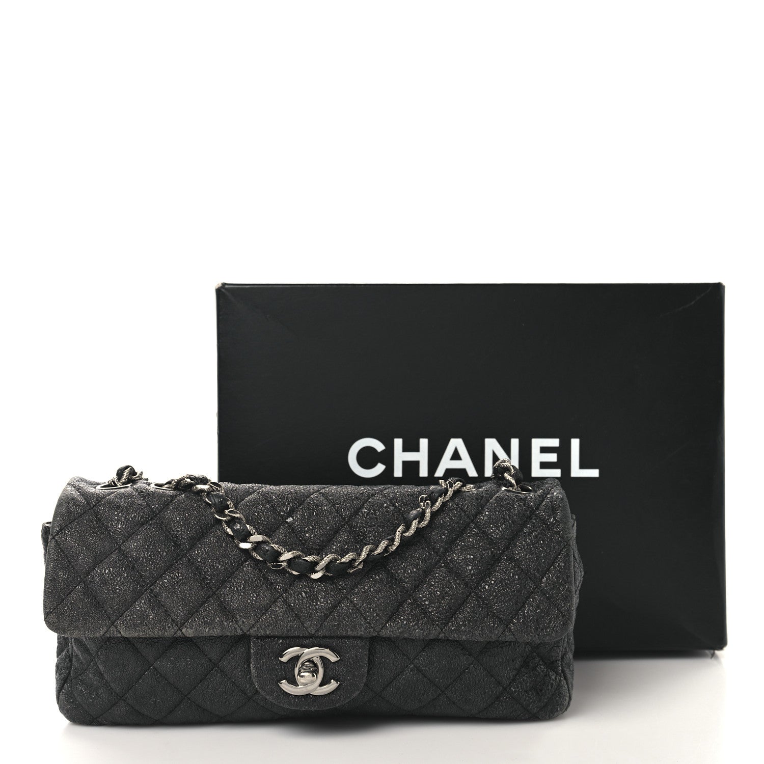 Chanel Metallic Crackled Calfskin Quilted East West Flap Navy 15 of 15