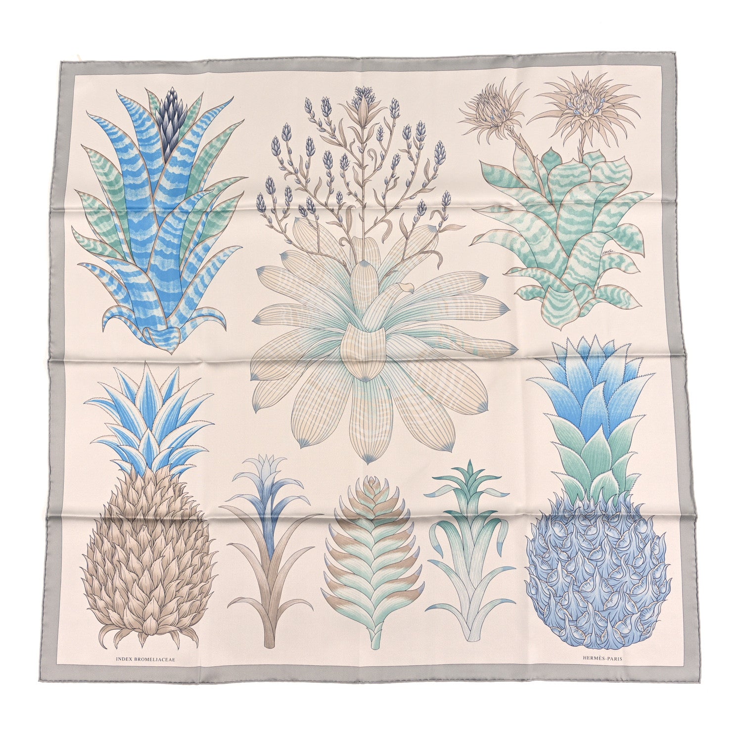 Hermes Silk Index Bromeliaceae Scarf 90 Gris Argent Bleu Vert Amande 1 of 3