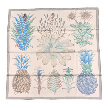 Hermes Silk Index Bromeliaceae Scarf 90 Gris Argent Bleu Vert Amande 1 of 3