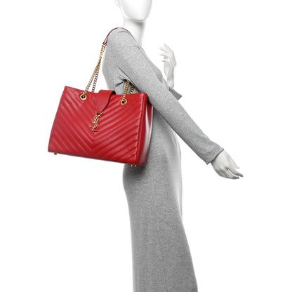 Saint Laurent Grain De Poudre Matelasse Chevron Monogram Shopping Bag Red 2 of 11