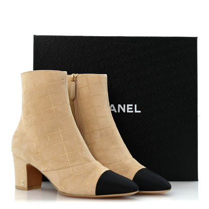 Chanel Suede Goatskin Grosgrain Quilted Cap Toe Short Boots 38 Beige Golden Black 10 of 10