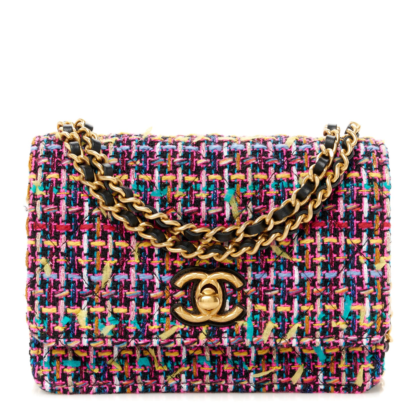Tweed Quilted CC Mini Wallet On Chain WOC Pink Multicolor