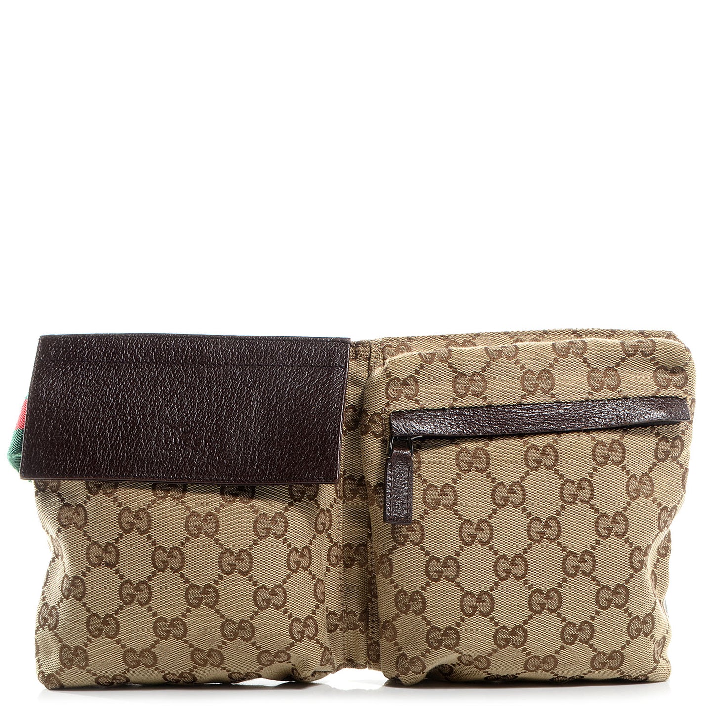 GG Monogram Web Double Pocket Belt Bag Brown