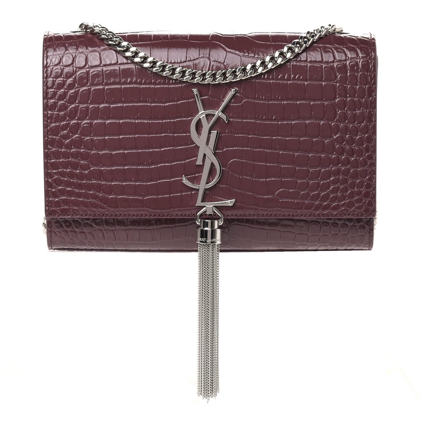 Calfskin Crocodile Embossed Small Classic Monogram Kate Tassel Satchel Palissandre