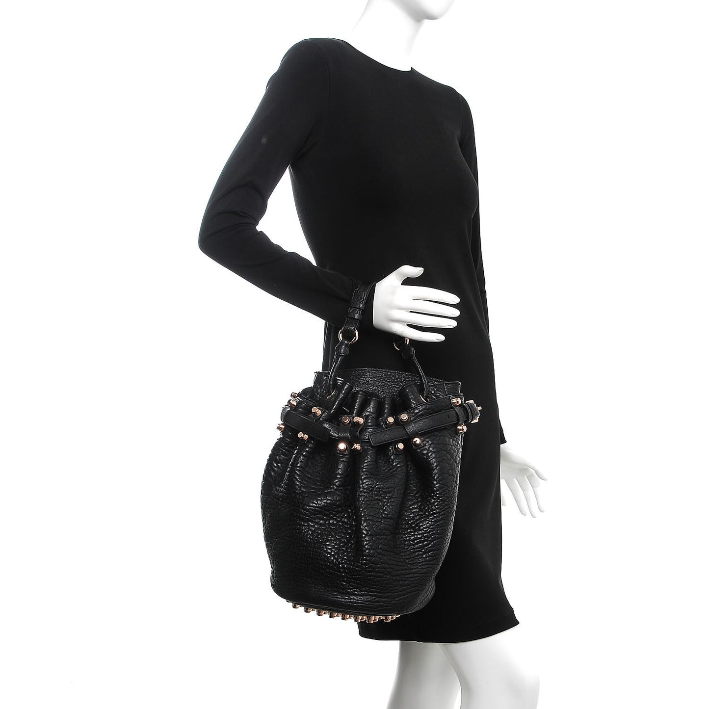 Pebbled Lambskin Diego Bucket Drawstring Bag Black Rose Gold Hardware