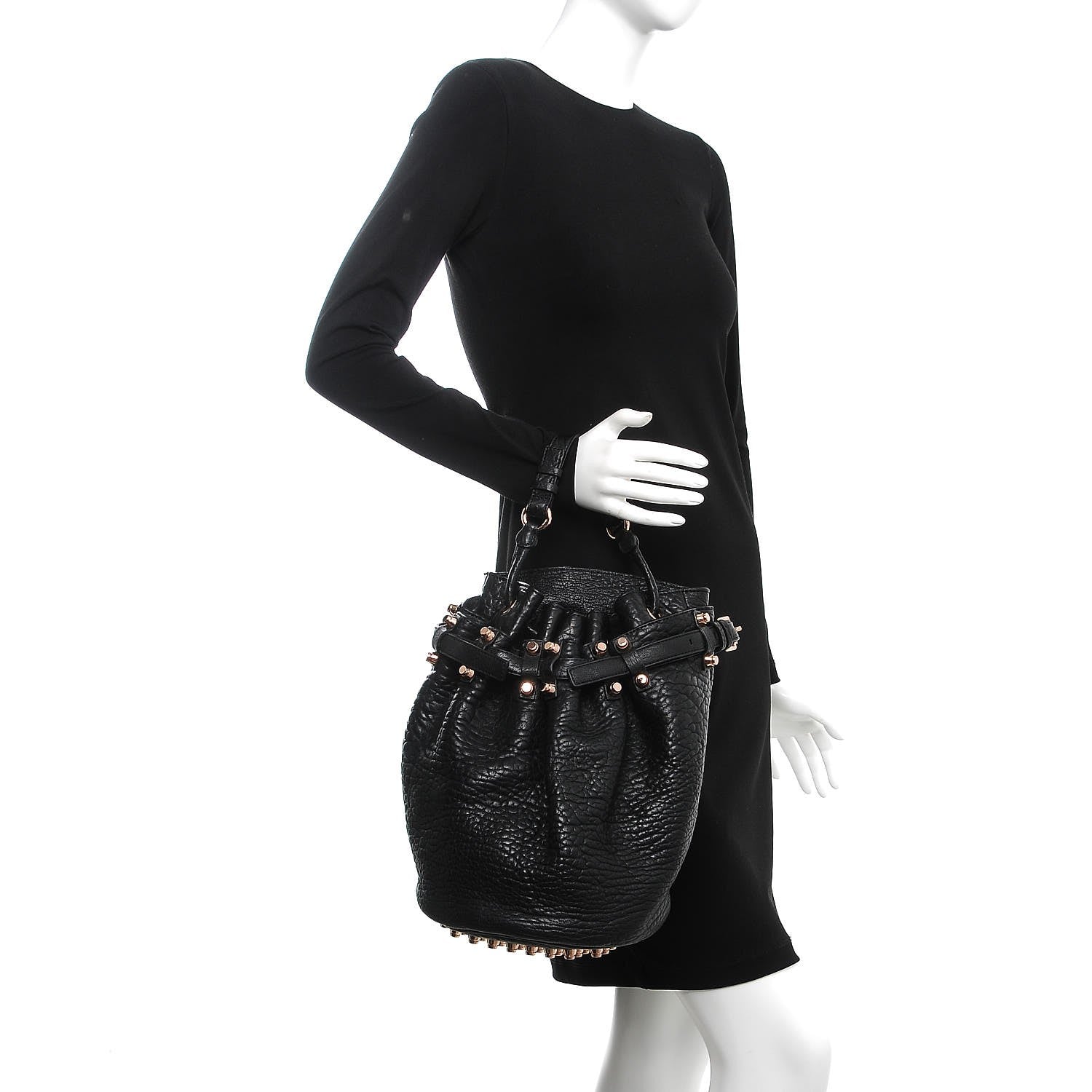 Alexander Wang Pebbled Lambskin Diego Bucket Drawstring Bag Black Rose Gold Hardware 3 of 9
