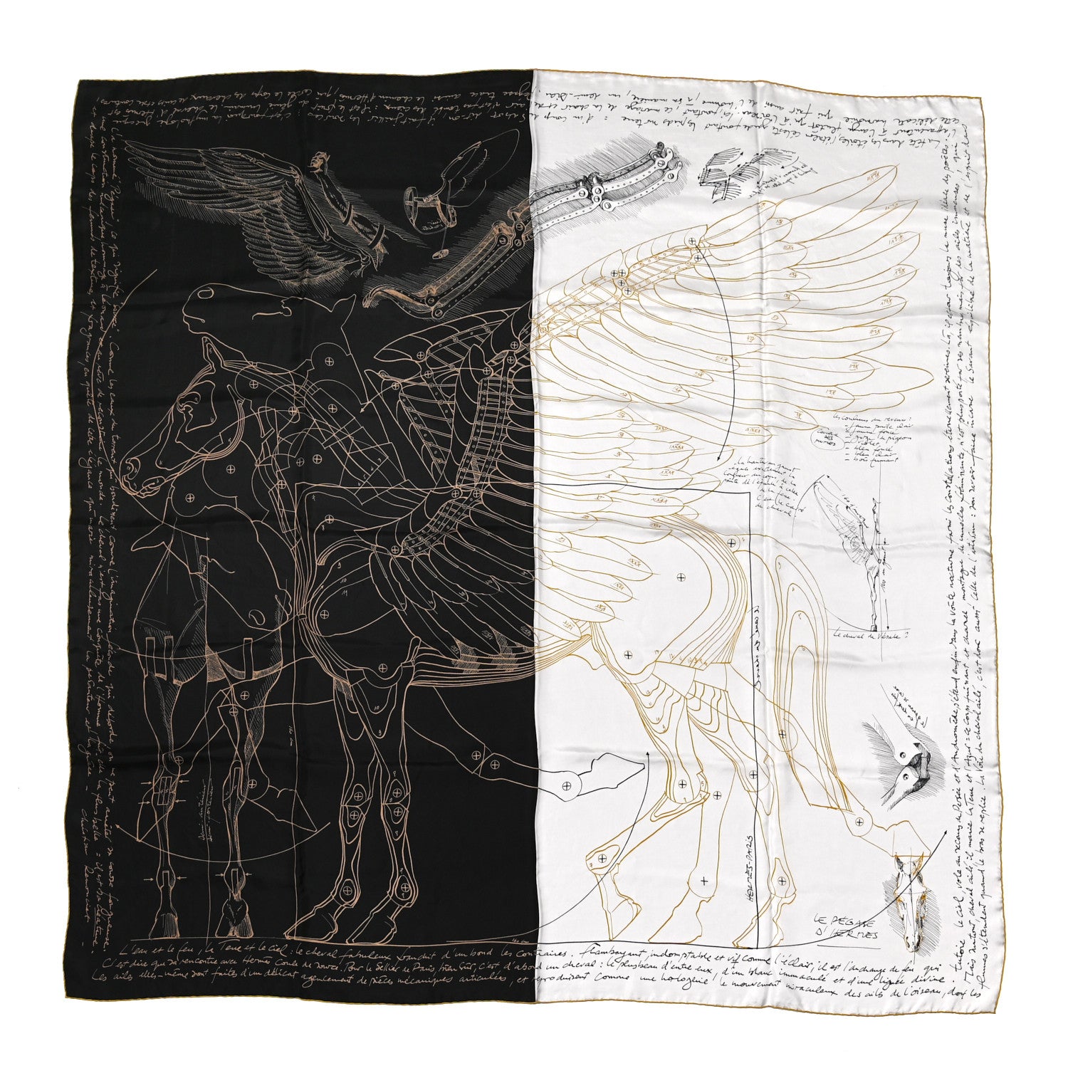 Hermes Silk Twill Le Pegase D Hermes Giant Scarf 140 Black White Or 1 of 7