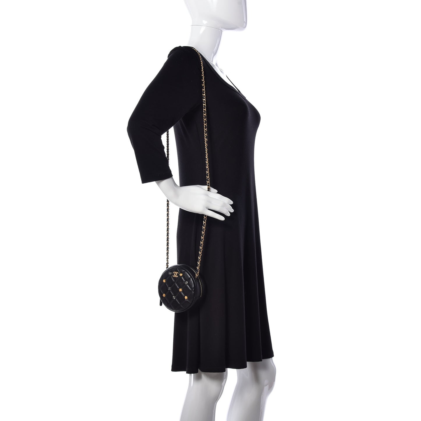Lambskin Quilted Studded Round Clutch With Chain Black