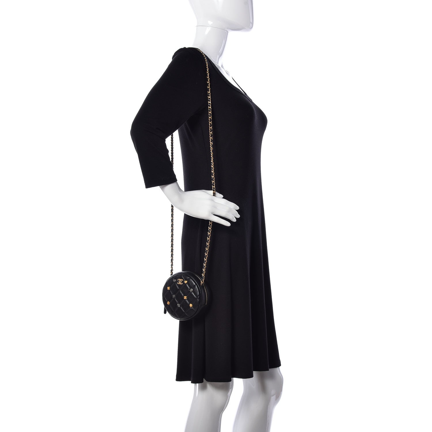 Chanel Lambskin Quilted Studded Round Clutch With Chain Black 2 of 9