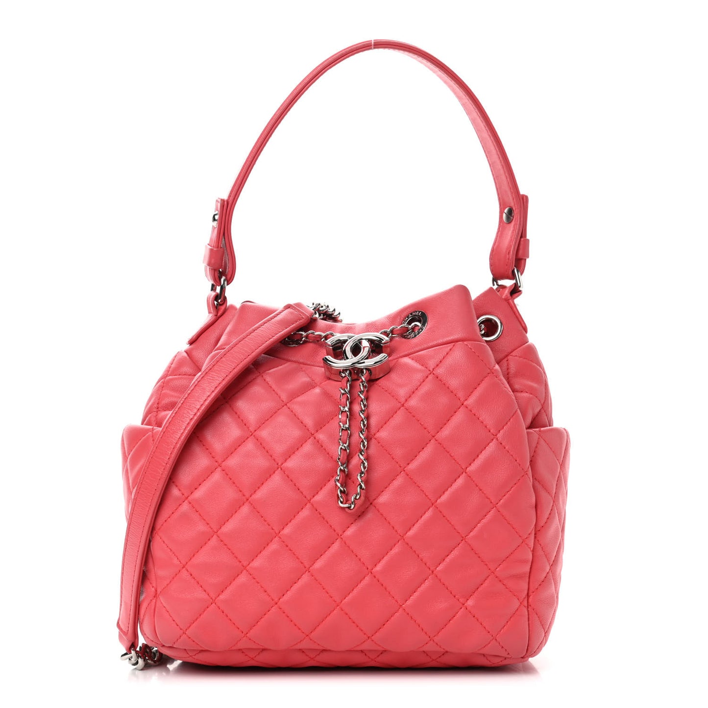 Lambskin Quilted Small CC Chain Drawstring Bucket Bag Pink