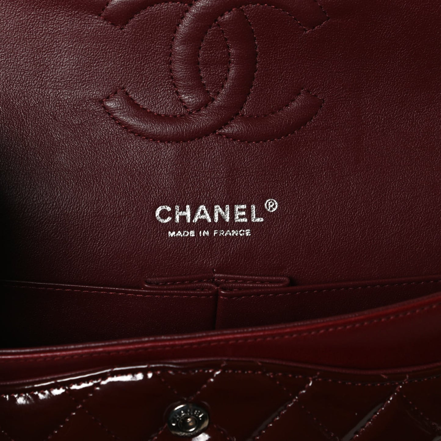 Patent Calfskin Quilted Medium Double Flap Dark Red