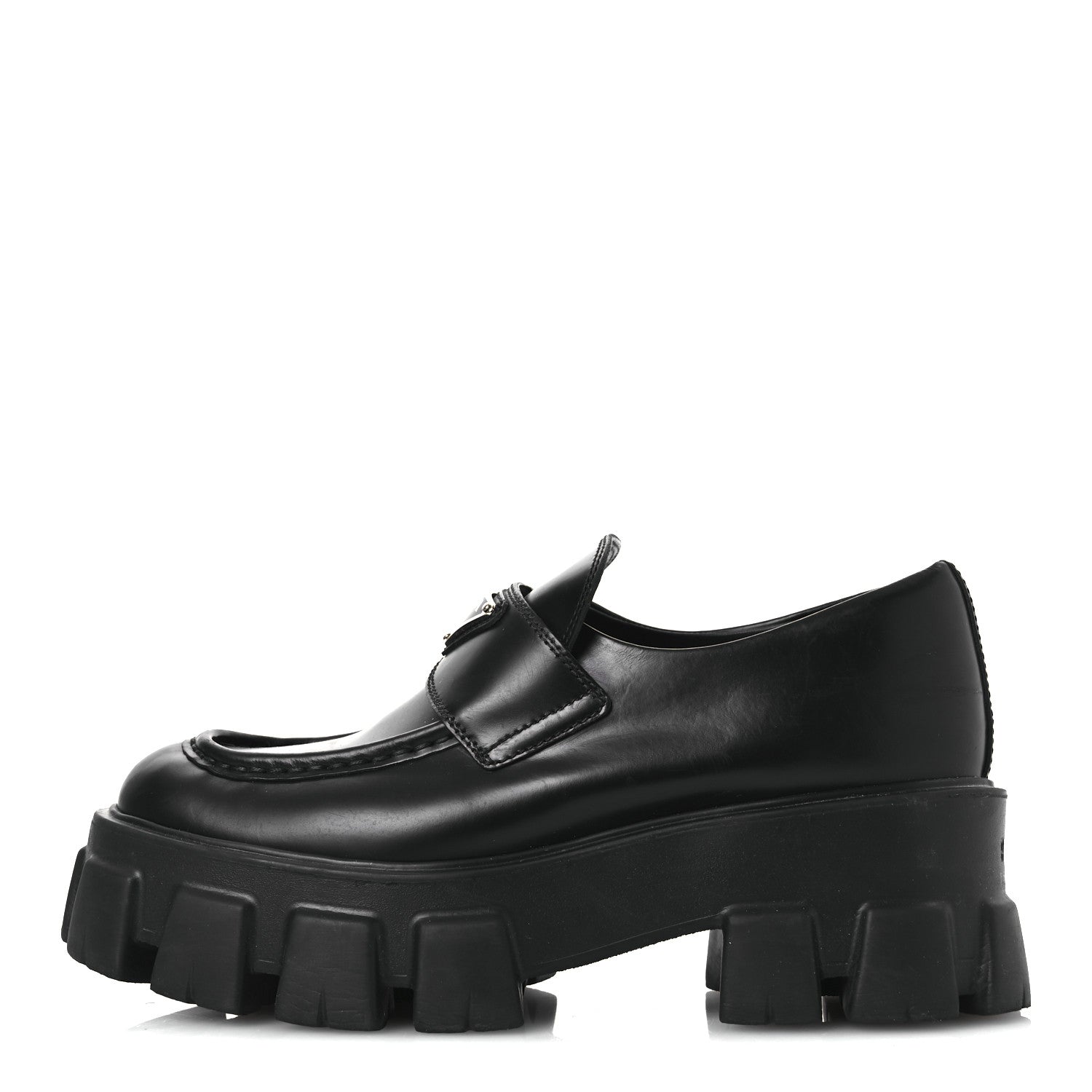 Prada Spazzolato Rois Metal Triangle Logo Monolith 55mm Loafers 37.5 Black 1 of 14