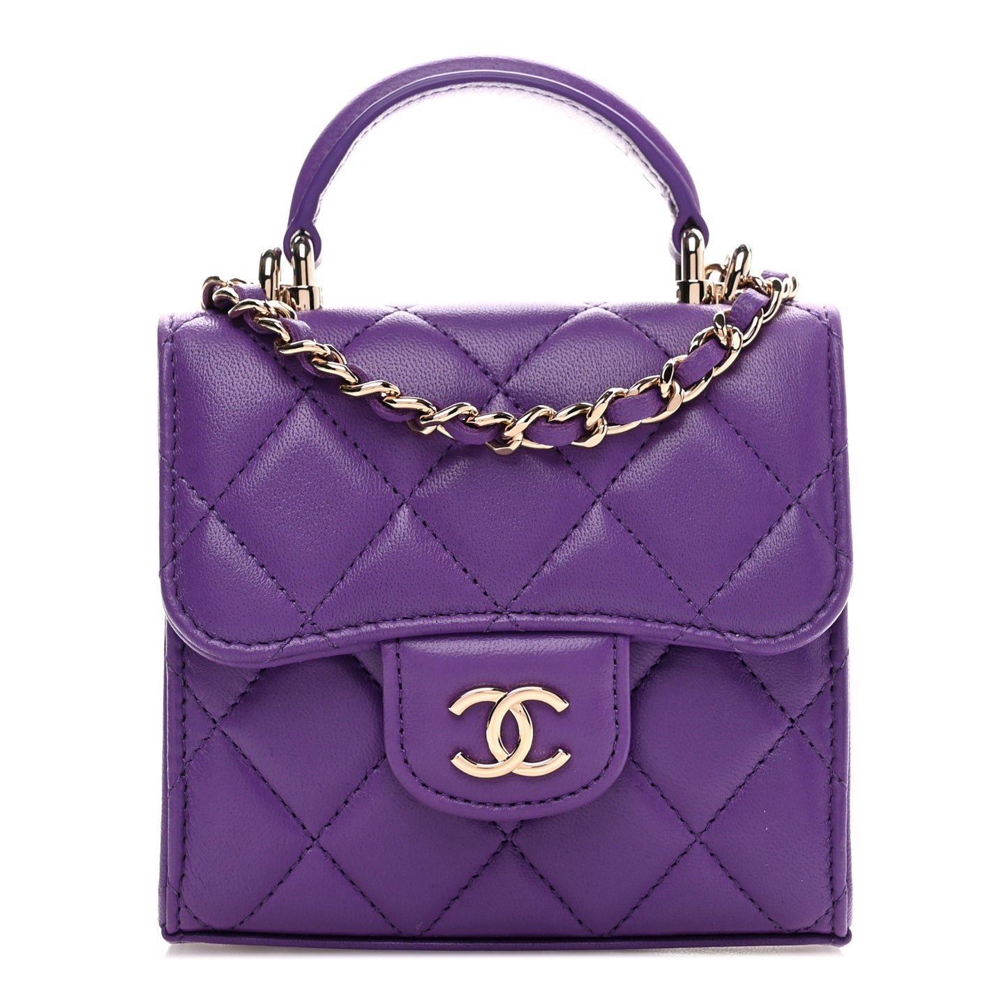 Lambskin Quilted Top Handle Flap Clutch With Chain Purple