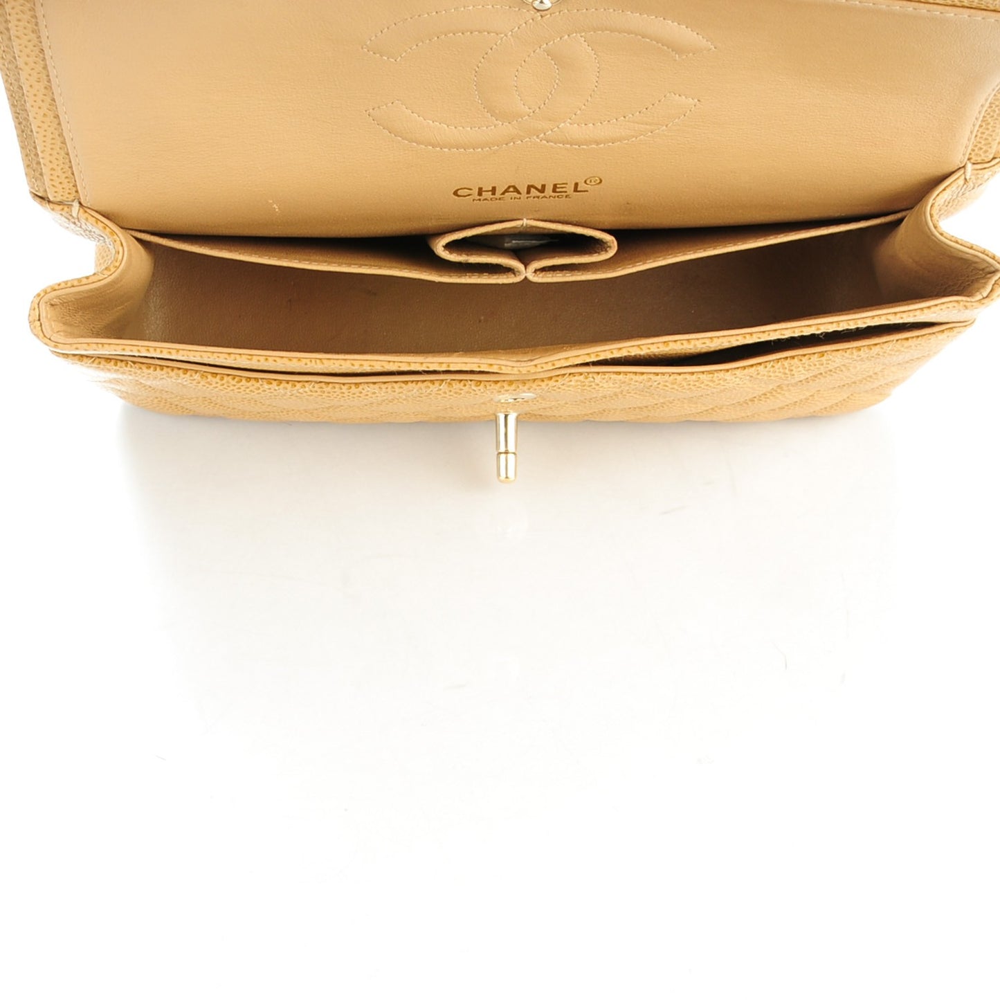 Caviar Quilted Medium Double Flap Beige