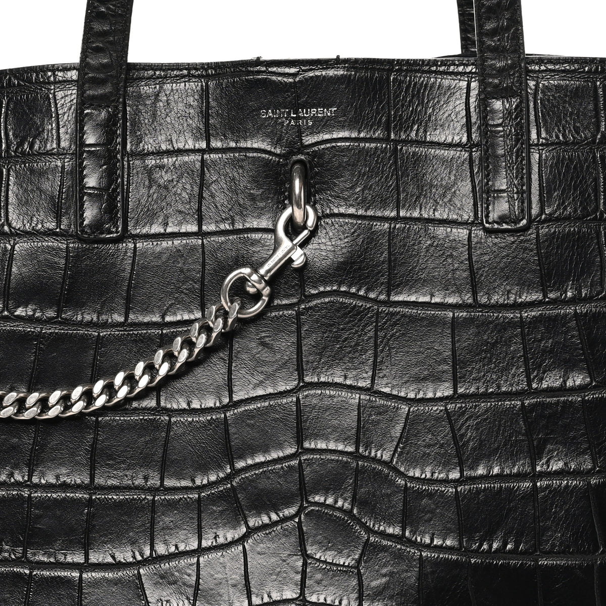 Calfskin Crocodile Embossed Large Shopper Tote Black