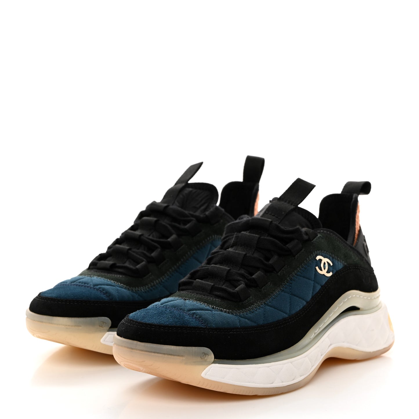 Fabric Suede Calfskin CC Sneakers 37.5 Dark Blue Dark Green Light Orange