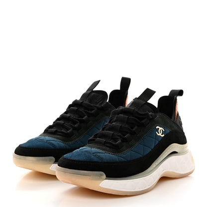 Chanel Fabric Suede Calfskin CC Sneakers 37.5 Dark Blue Dark Green Light Orange 3 of 9
