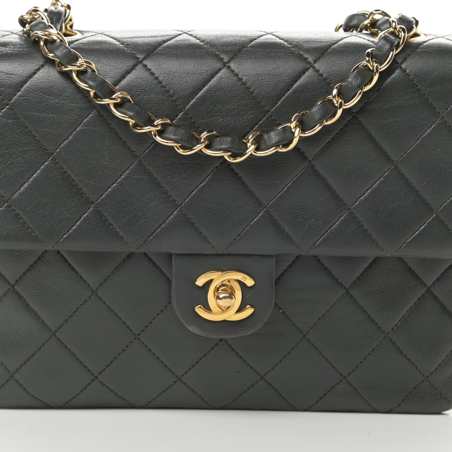 Lambskin Quilted Mini Square Flap Dark Green