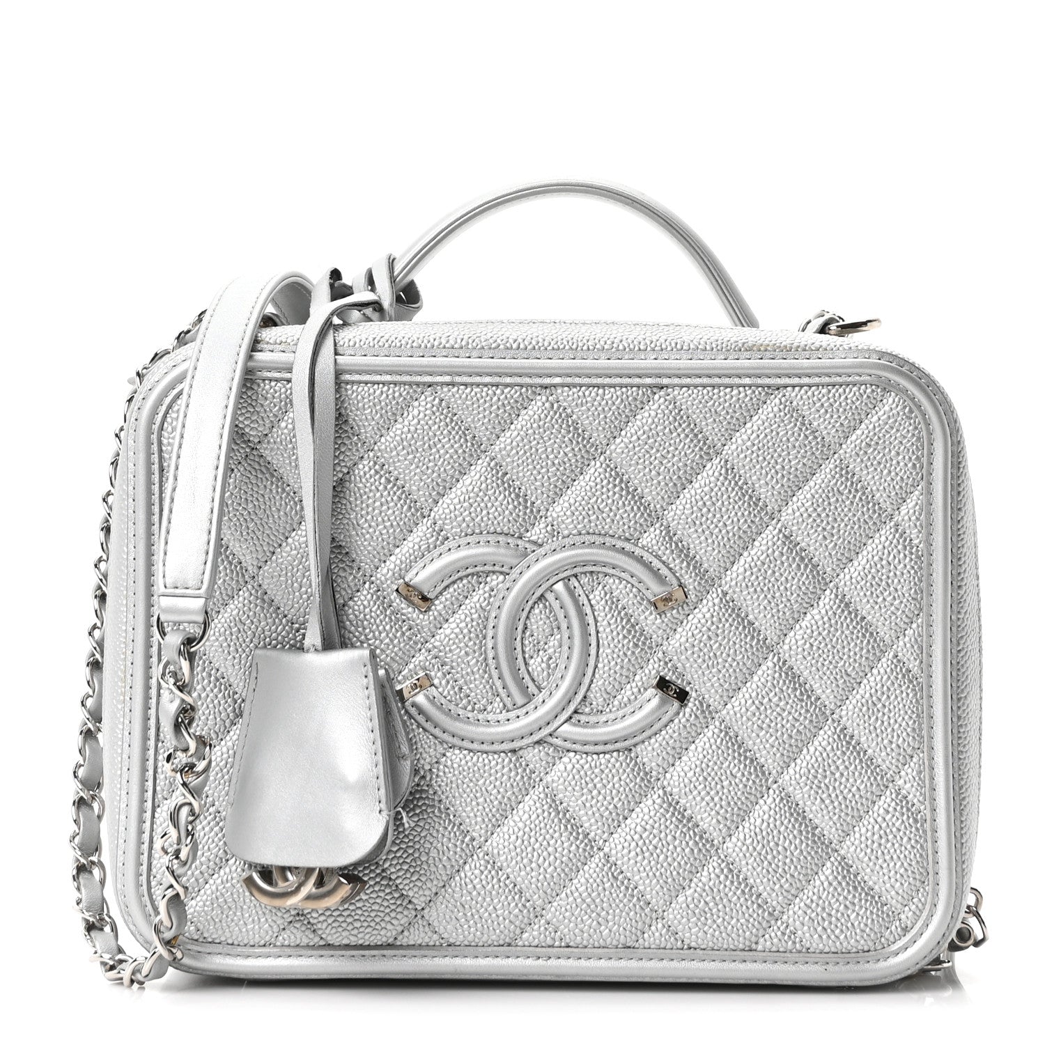 Chanel Metallic Caviar Quilted Large CC Filigree Vanity Case Silver 1 of 10