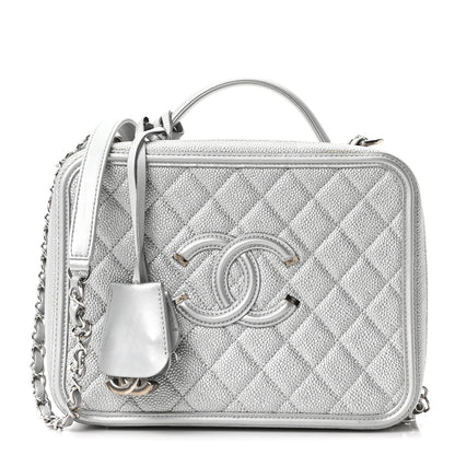 Chanel Metallic Caviar Quilted Large CC Filigree Vanity Case Silver 1 of 10