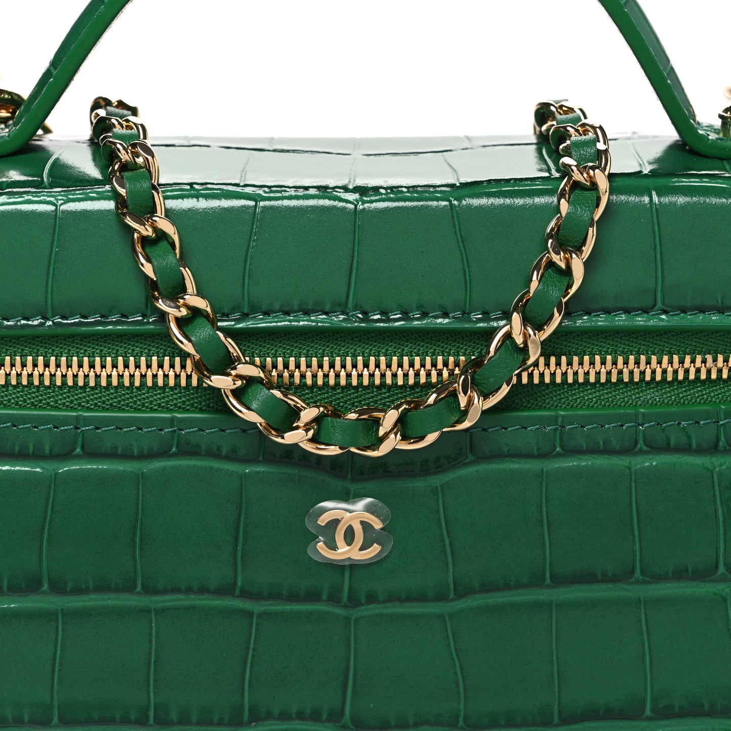 Calfskin Crocodile Embossed Crococo Top Handle Slim Vanity Case With Chain Green