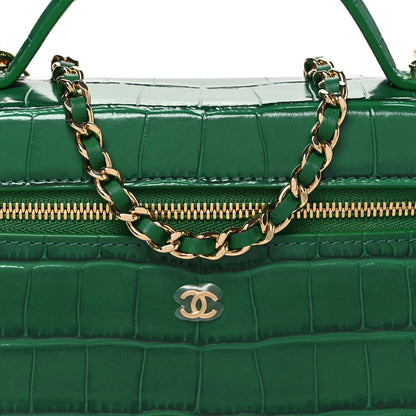 Chanel Calfskin Crocodile Embossed Crococo Top Handle Slim Vanity Case With Chain Green 7 of 10