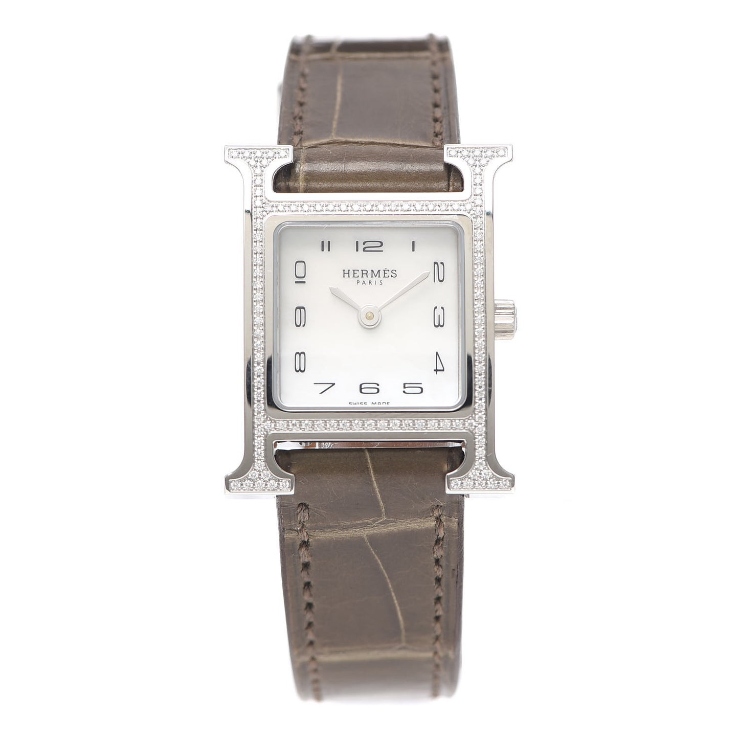 Stainless Steel Alligator Diamond Bezel Mother of Pearl 21mm Heure H Hour Quartz Watch Gris Elephant