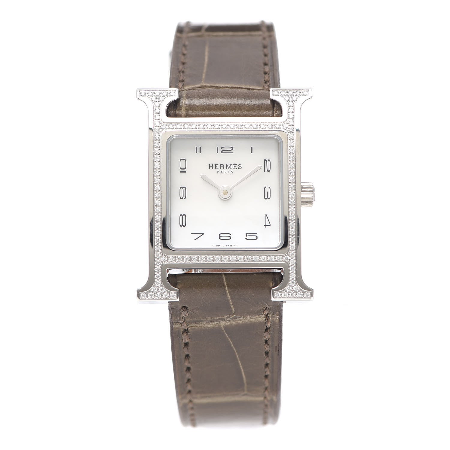 Hermes Stainless Steel Alligator Diamond Bezel Mother of Pearl 21mm Heure H Hour Quartz Watch Gris Elephant 1 of 5