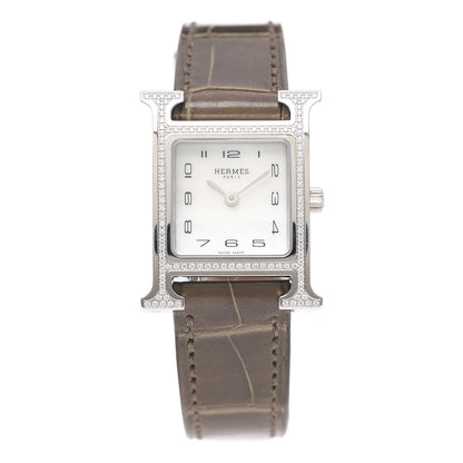 Hermes Stainless Steel Alligator Diamond Bezel Mother of Pearl 21mm Heure H Hour Quartz Watch Gris Elephant 1 of 5