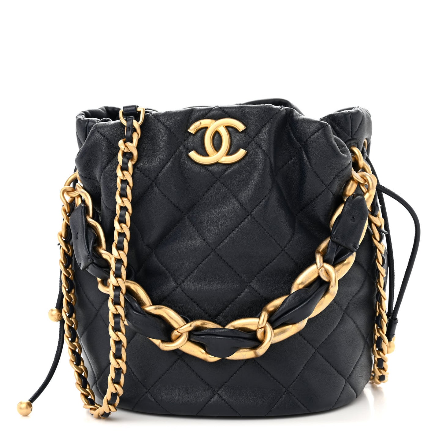 Shiny Lambskin Quilted Chain Is More Drawstring Bag Navy