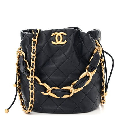 Chanel Shiny Lambskin Quilted Chain Is More Drawstring Bag Navy 1 of 11