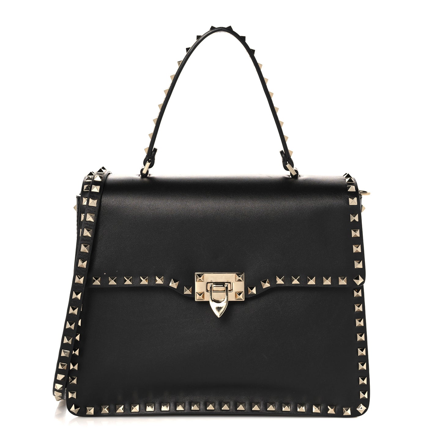 Vitello Medium Rockstud Single Handle Flap Bag Black