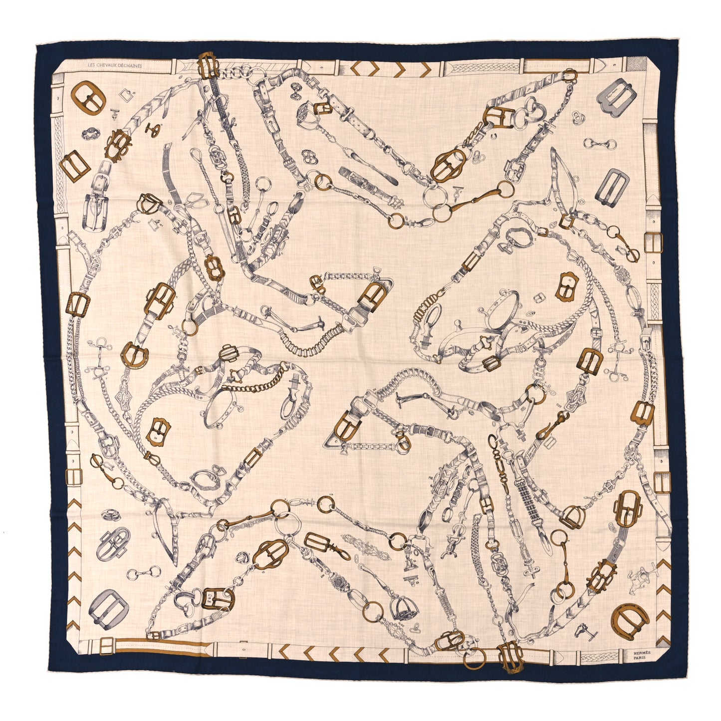 Cashmere Silk Chevaux Dechaines Shawl 140 Marine Naturel Gris