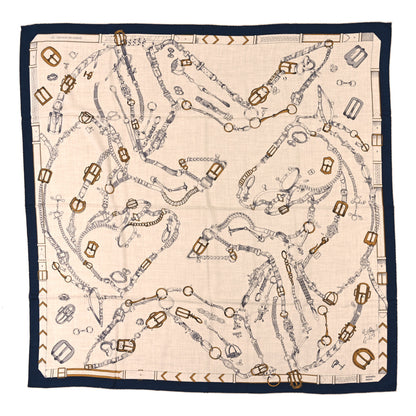 Hermes Cashmere Silk Chevaux Dechaines Shawl 140 Marine Naturel Gris 1 of 3
