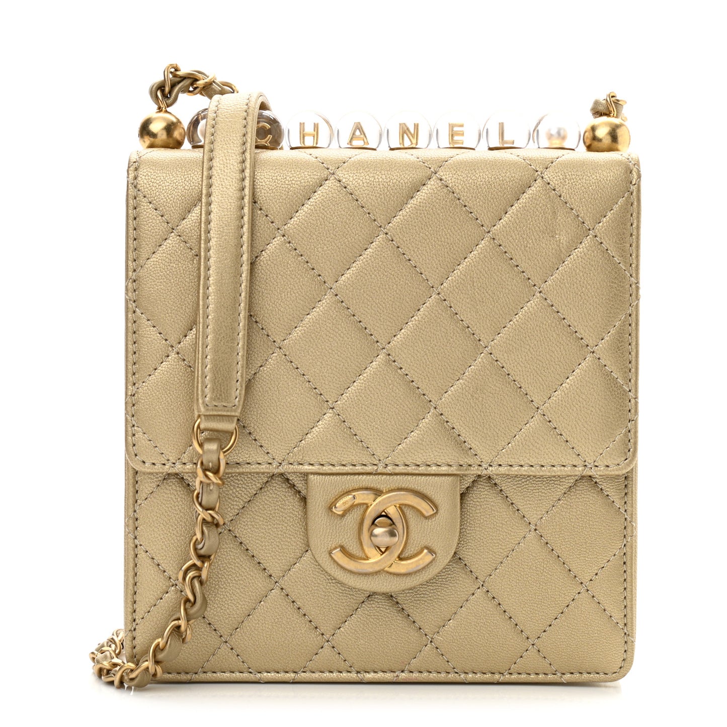Metallic Goatskin Quilted Chic Pearls Flap Gold