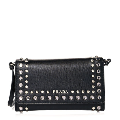 Prada Saffiano Crystal Studded Chain Wallet Black 1 of 8